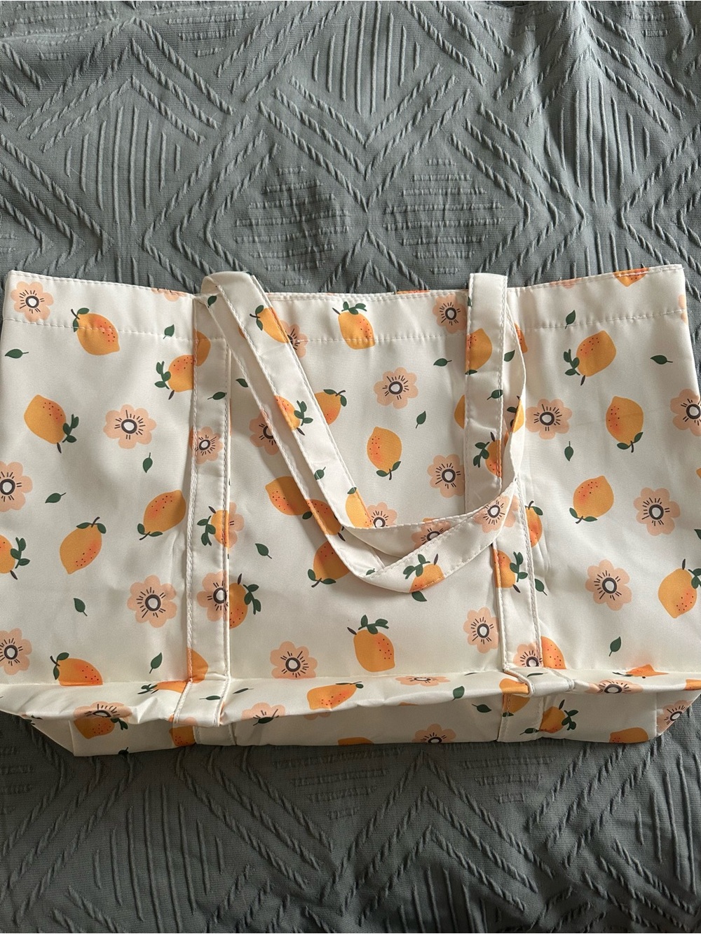 Cream Tote Bag with Orange Fruit Print and Green Accents